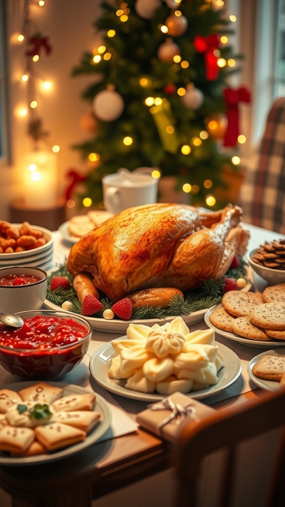 Cozy Christmas Aesthetic Recipe Collection A festive Christmas table with roasted turkey, cranberry sauce, mashed potatoes, and holiday cookies, adorned with decorations.